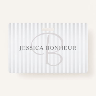 Elegant Name Monogram & Thin Grey Ombre Stripes Badge