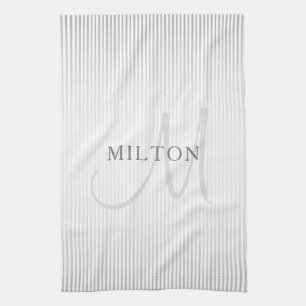 Elegant Name Monogram & Thin Grey Ombre Stripes Kitchen Towel