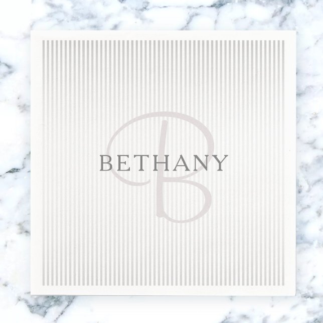 Elegant Name Monogram & Thin Grey Ombre Stripes Napkin (Creator Uploaded)