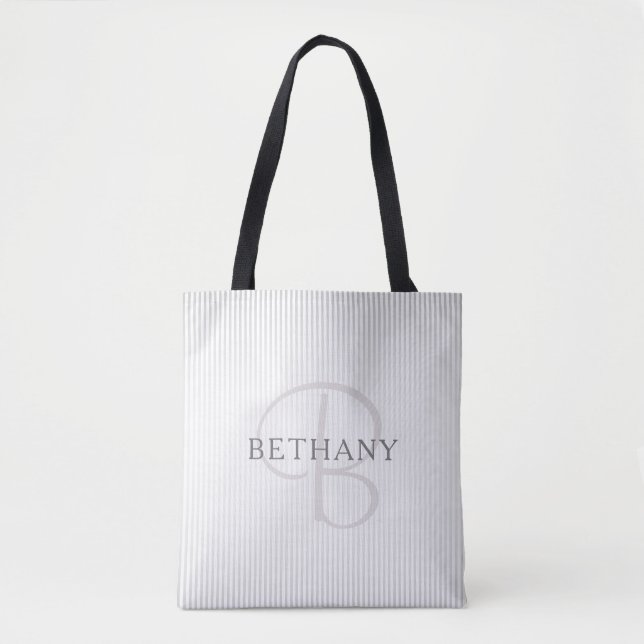 Elegant Name Monogram & Thin Grey Ombre Stripes Tote Bag (Front)