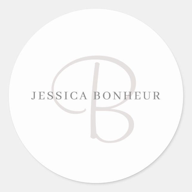 Elegant Name Monogram | White & Grey Classic Round Sticker (Front)
