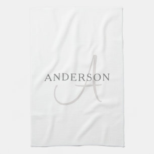 Elegant Name Monogram   White & Grey Kitchen Towel