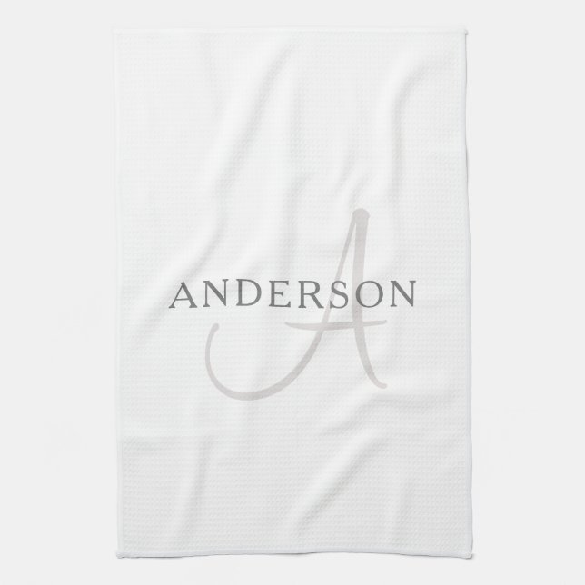 Elegant Name Monogram | White & Grey Kitchen Towel (Vertical)