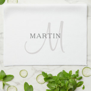 Elegant Name Monogram   White & Grey Kitchen Towel