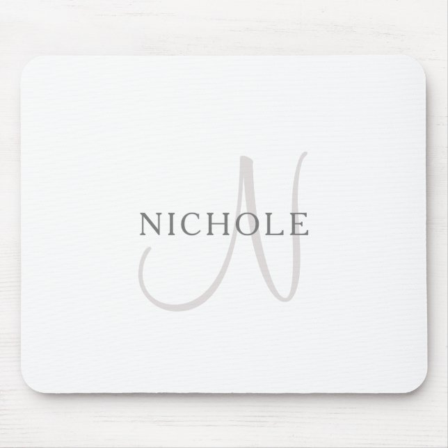 Elegant Name Monogram | White & Grey Mouse Pad (Front)
