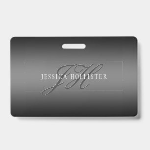 Elegant Name & Monogrammed Initials Black & Grey Badge