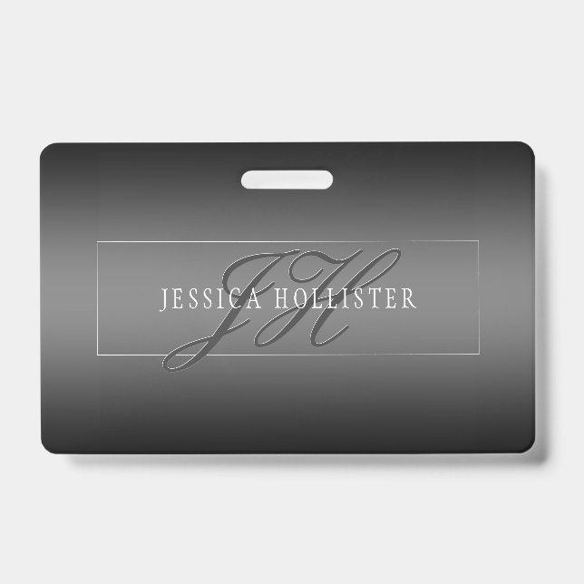 Elegant Name & Monogrammed Initials | Black & Grey Badge (Front)
