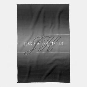 Elegant Name & Monogrammed Initials   Black & Grey Kitchen Towel