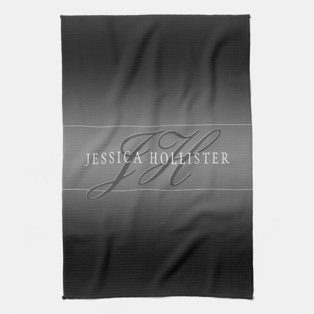 Elegant Name & Monogrammed Initials | Black & Grey Kitchen Towel (Vertical)