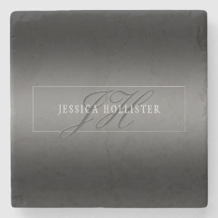 Elegant Name & Monogrammed Initials Black & Grey Stone Coaster