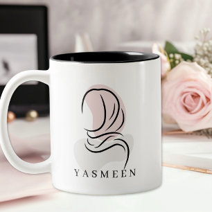 Elegant Name Mug: Minimalist Hijab Line Art, Two-Tone Coffee Mug