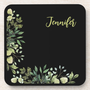 Elegant named botanical frame leaves black coaster
