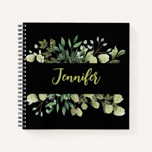Elegant named botanical frame leaves black notebook