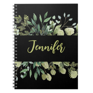 Elegant named botanical frame leaves black notebook