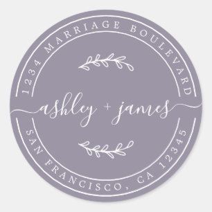 Elegant Names Ash Purple Wedding Return Address Classic Round Sticker