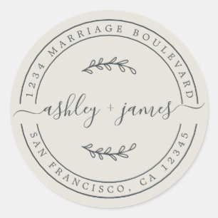Elegant Names Black White Wedding Return Address Classic Round Sticker