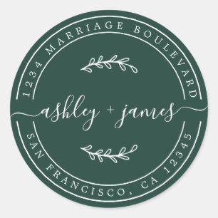 Elegant Names Dark Green Wedding Return Address Classic Round Sticker