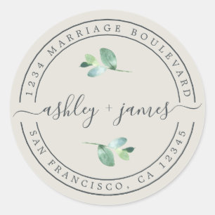 Elegant Names Foliage Wedding Return Address Classic Round Sticker