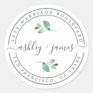 Elegant Names Foliage Wedding Return Address Classic Round Sticker