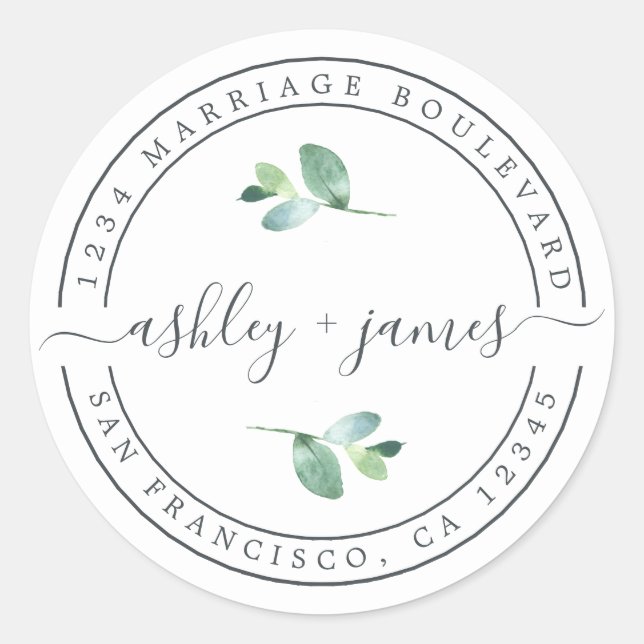 Elegant Names Foliage Wedding Return Address Classic Round Sticker (Front)