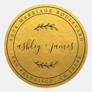 Elegant Names Gold Wedding Return Address Classic Round Sticker