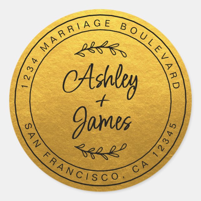 Elegant Names Gold Wedding Return Address Classic Round Sticker (Front)