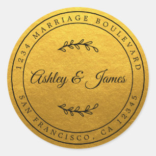 Elegant Names Gold Wedding Return Address Classic  Round Sticker