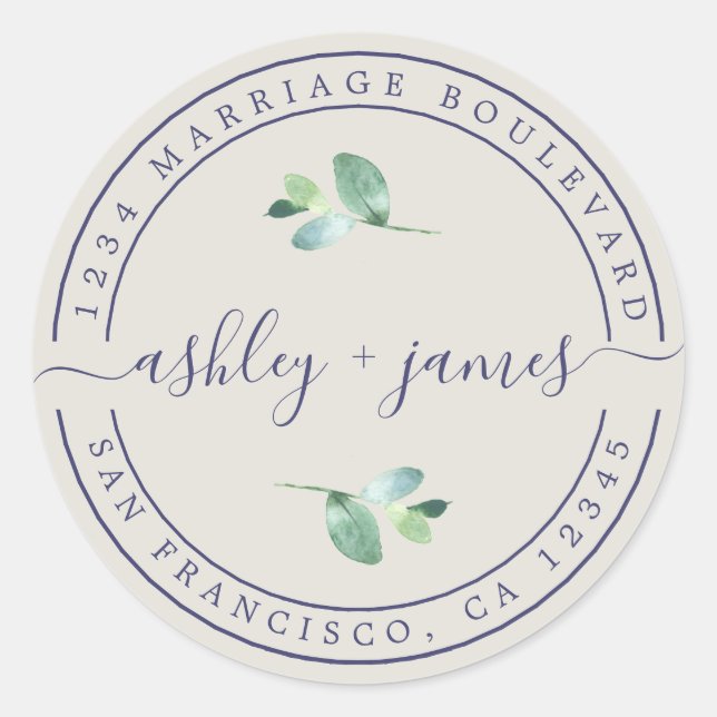 Elegant Names Gray Wedding Return Address Classic Round Sticker (Front)