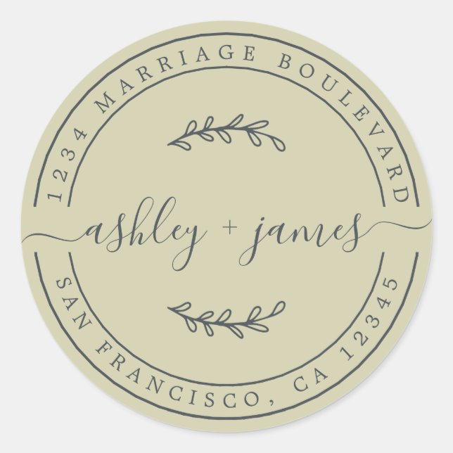 Elegant Names Green Wedding Return Address Classic Round Sticker (Front)
