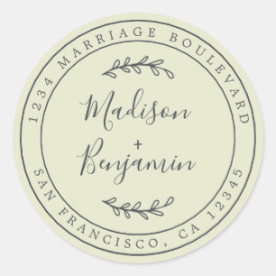 Elegant Names Green Wedding Return Address Classic Round Sticker