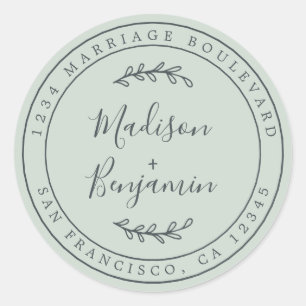 Elegant Names Green Wedding Return Address Classic Round Sticker