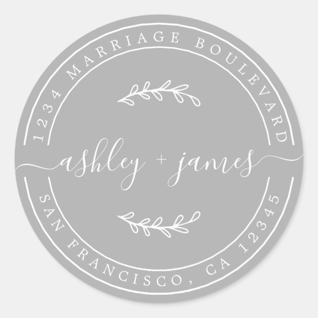 Elegant Names Grey Wedding Return Address Classic Round Sticker (Front)