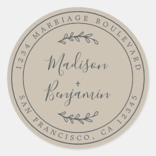 Elegant Names Grey Wedding Return Address Classic Round Sticker