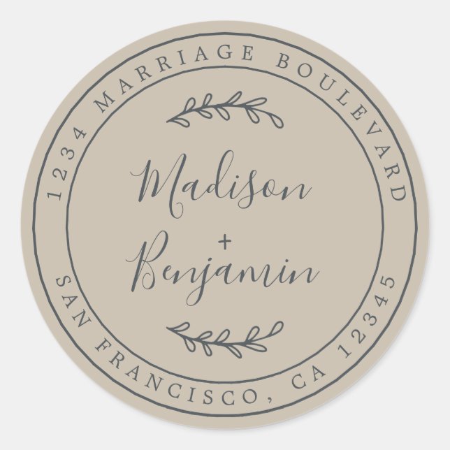 Elegant Names Grey Wedding Return Address Classic Round Sticker (Front)