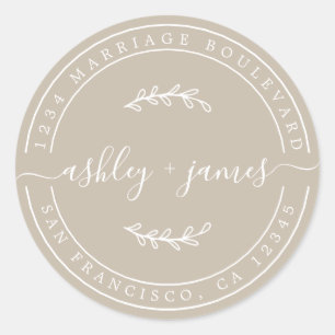 Elegant Names Grey Wedding Return Address Classic Round Sticker