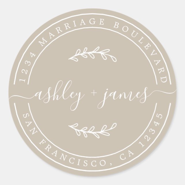 Elegant Names Grey Wedding Return Address Classic Round Sticker (Front)
