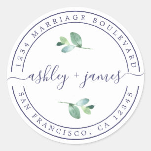 Elegant Names Navy White Wedding Return Address Classic Round Sticker
