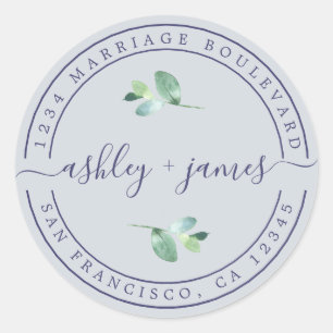Elegant Names Pastel Blue Wedding Return Address Classic Round Sticker