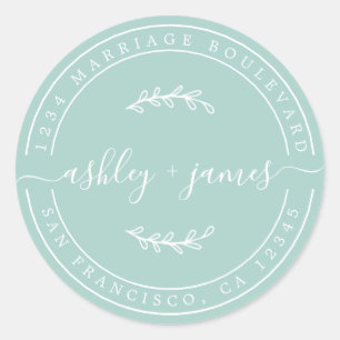 Elegant Names Pastel Blue Wedding Return Address Classic Round Sticker