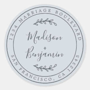 Elegant Names Pastel Blue Wedding Return Address Classic Round Sticker