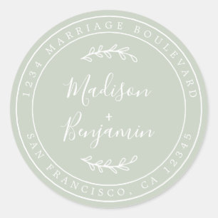 Elegant Names Pastel Green Wedding Return Address Classic Round Sticker
