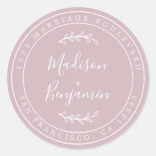 Elegant Names Pastel Purple Wedding Return Address Classic Round Sticker