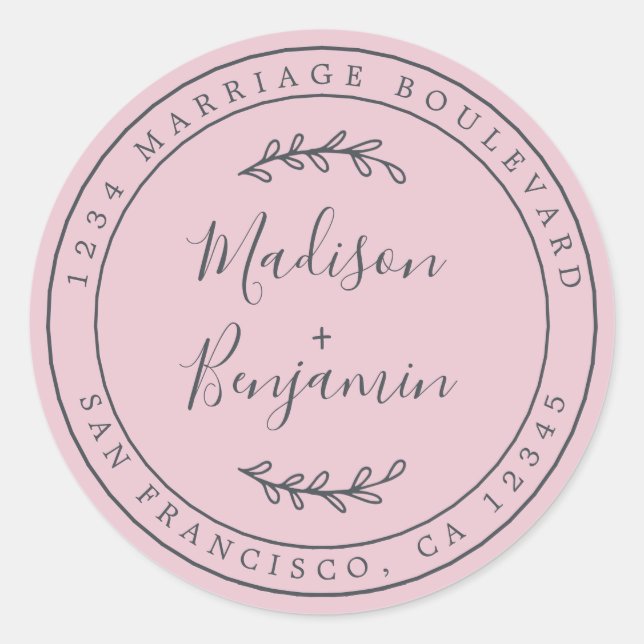 Elegant Names Pink Wedding Return Address Classic Round Sticker (Front)