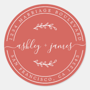 Elegant Names Red Wedding Return Address Classic Round Sticker