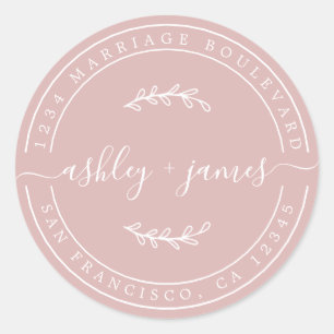 Elegant Names Silver Pink Wedding Return Address Classic Round Sticker