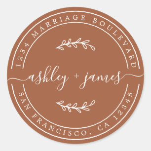 Elegant Names TerraCotta Wedding Return Address Classic Round Sticker