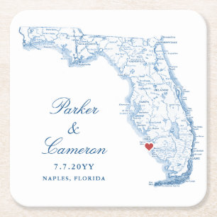 Elegant Naples Florida Map Wedding Square Paper Coaster