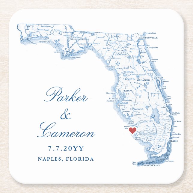 Elegant Naples Florida Map Wedding Square Paper Coaster (Front)