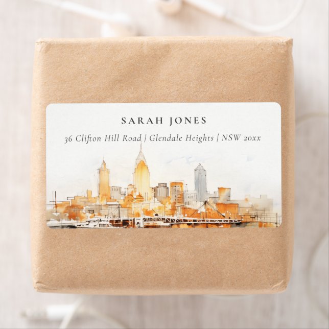 Elegant Nashville City Skyline Watercolor Address (Insitu)