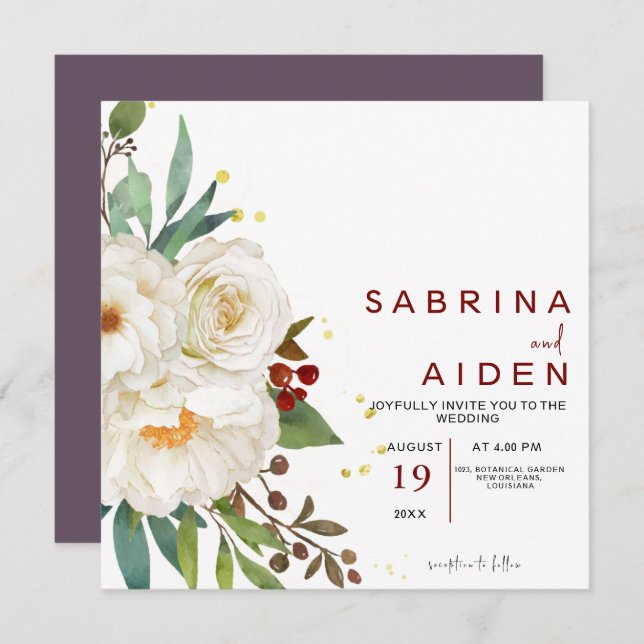 Elegant Natural White Rose Peony Floral Wedding  Invitation (Front/Back)